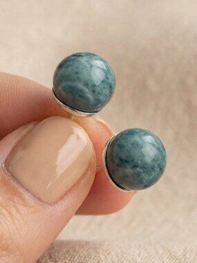 925 Sterling Silver Blue-Green Jade-Like Natural Stone Stud Earrings Minimalist